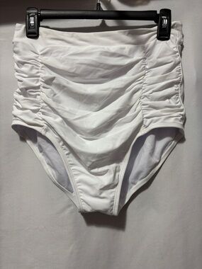 High-Waist White Ruched Bikini Bottom - Women Swim LL74